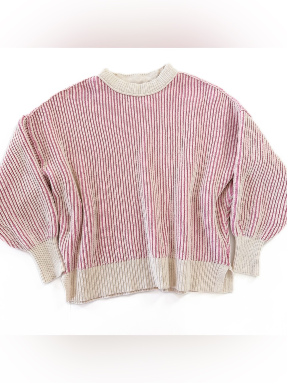 Aerie Sweatshirt Womens Medium Pink White Striped Chenille Crewneck